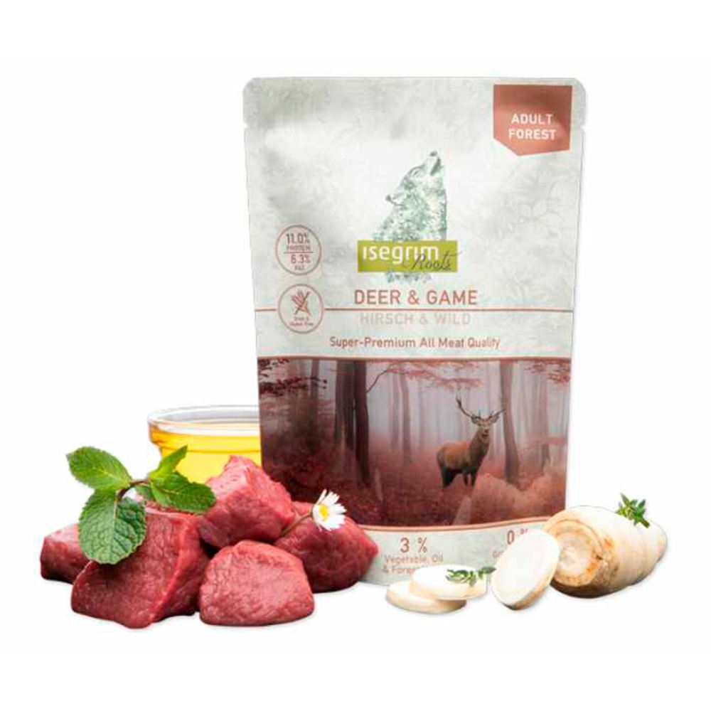 "ISEGRIM" ROOTS - VEADO E CARNE DE CAÇA COM ÓLEO DE AÇAFRÃO (PACK 7 SAQUETAS)